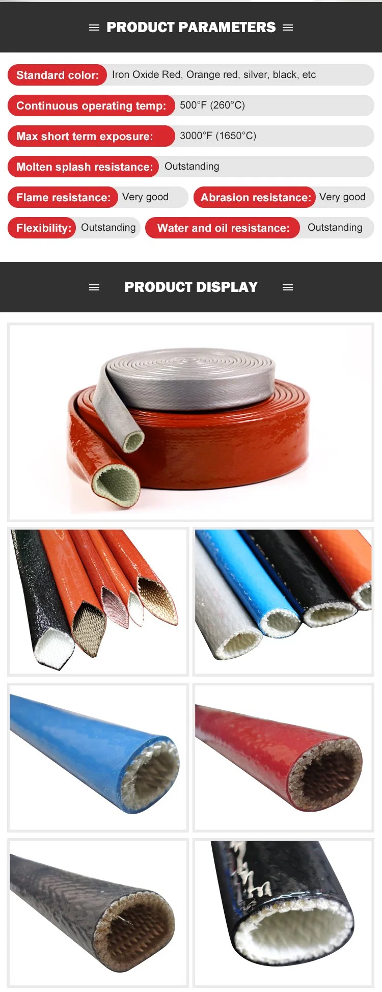 Hydraulic Hose Assembly Guard Silicone Rubber Coated Fiberglass Braided Fireproof Heat Insulation Glass Fiber Braided Pyrojacket Thermal Protection Fire Sleeve